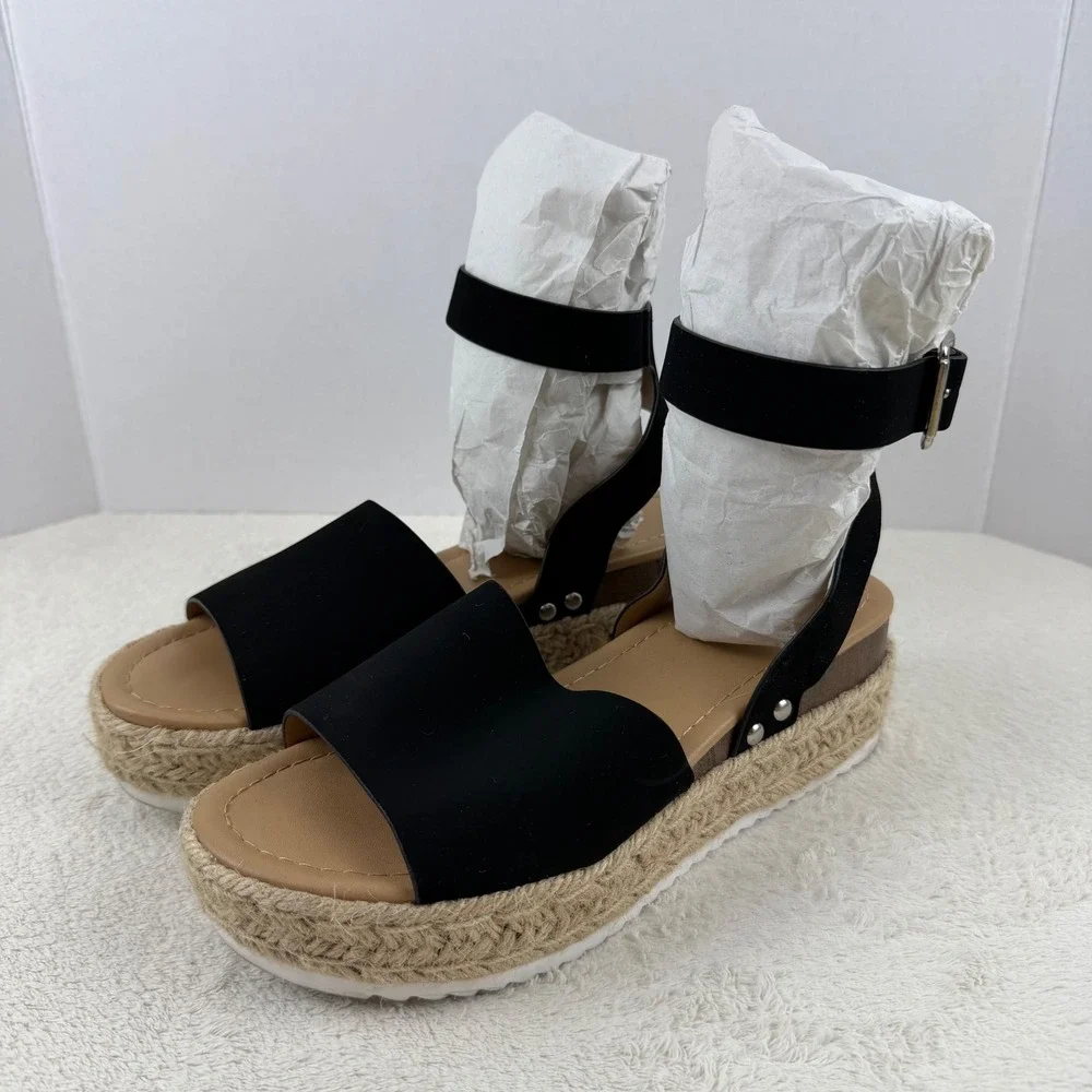 SODA Black Espadrille Platform Wedge Sandals Ankle Strap Buckle Women's‎ 7.5